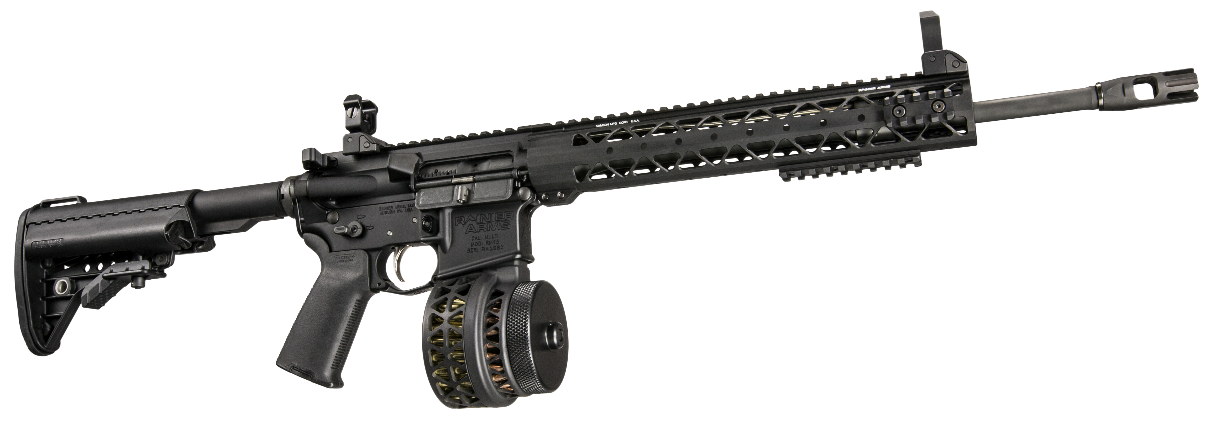 Pictured above is an AR-15 derivative with a 50 round drum magazine. 